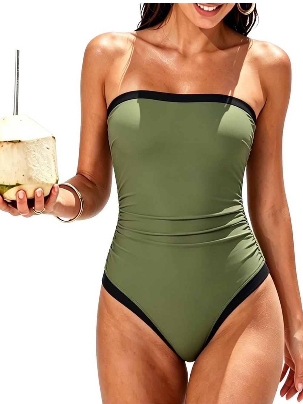 Olive green & black tummy control swimsuit with removable straps size small